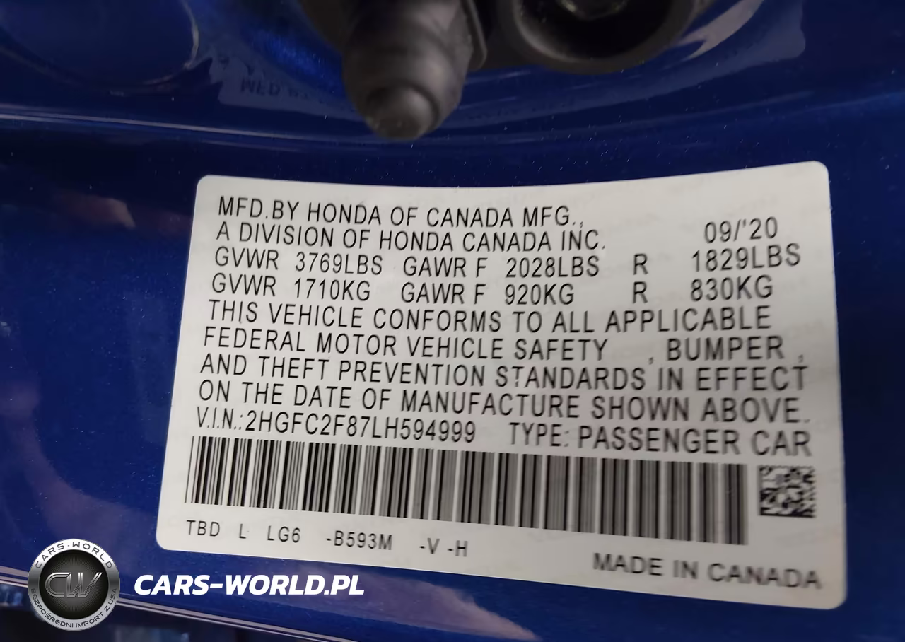2020 Honda Civic Sport VIN:2HGFC2F87LH594999 - 9