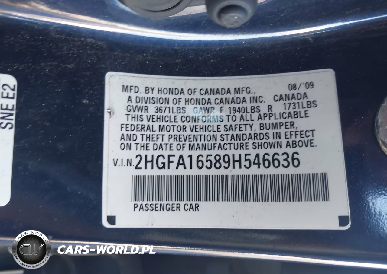 2009 Honda Civic Lx VIN:2HGFA16589H546636 - 9