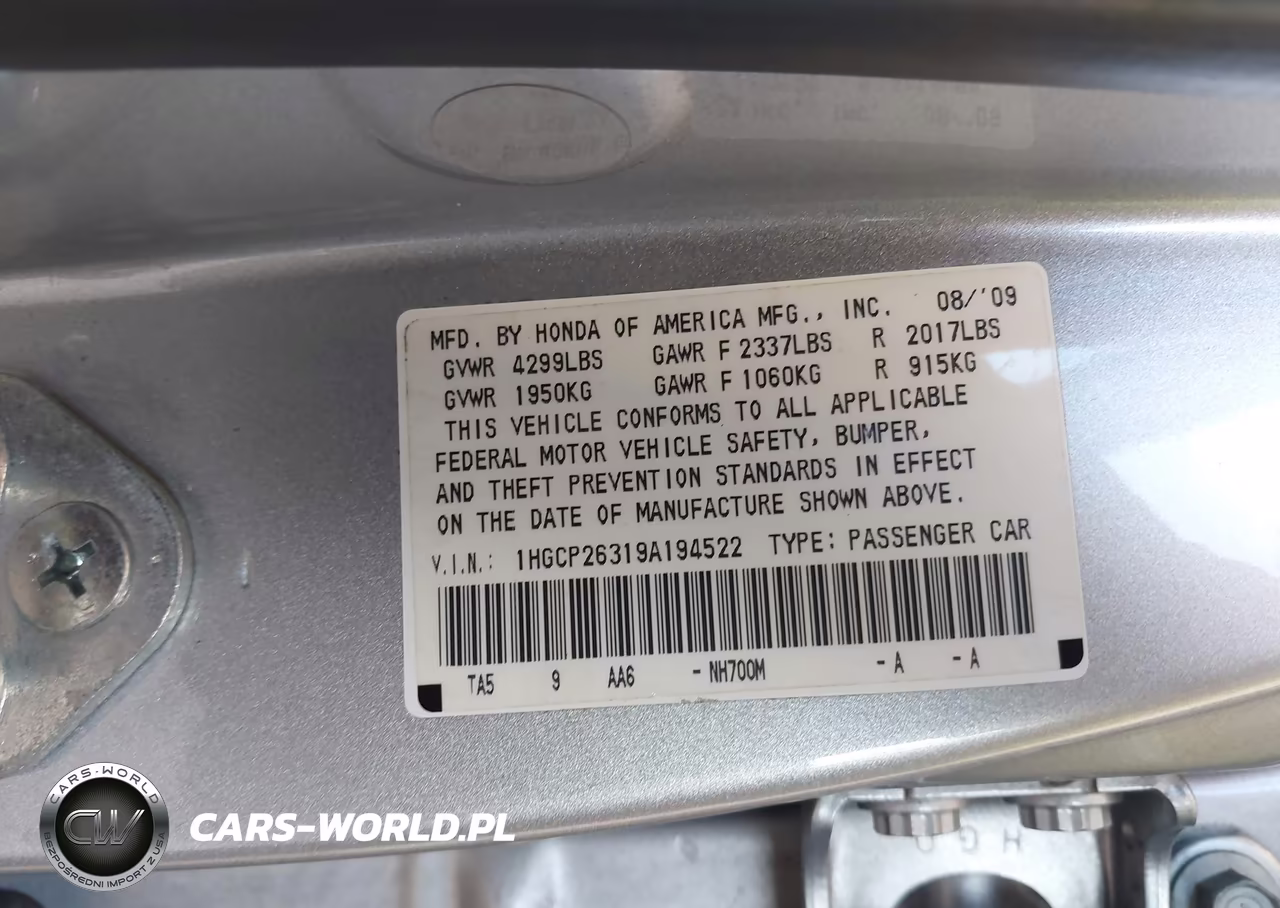 2009 Honda Accord 2.4 Lx VIN:1HGCP26319A194522 - 9