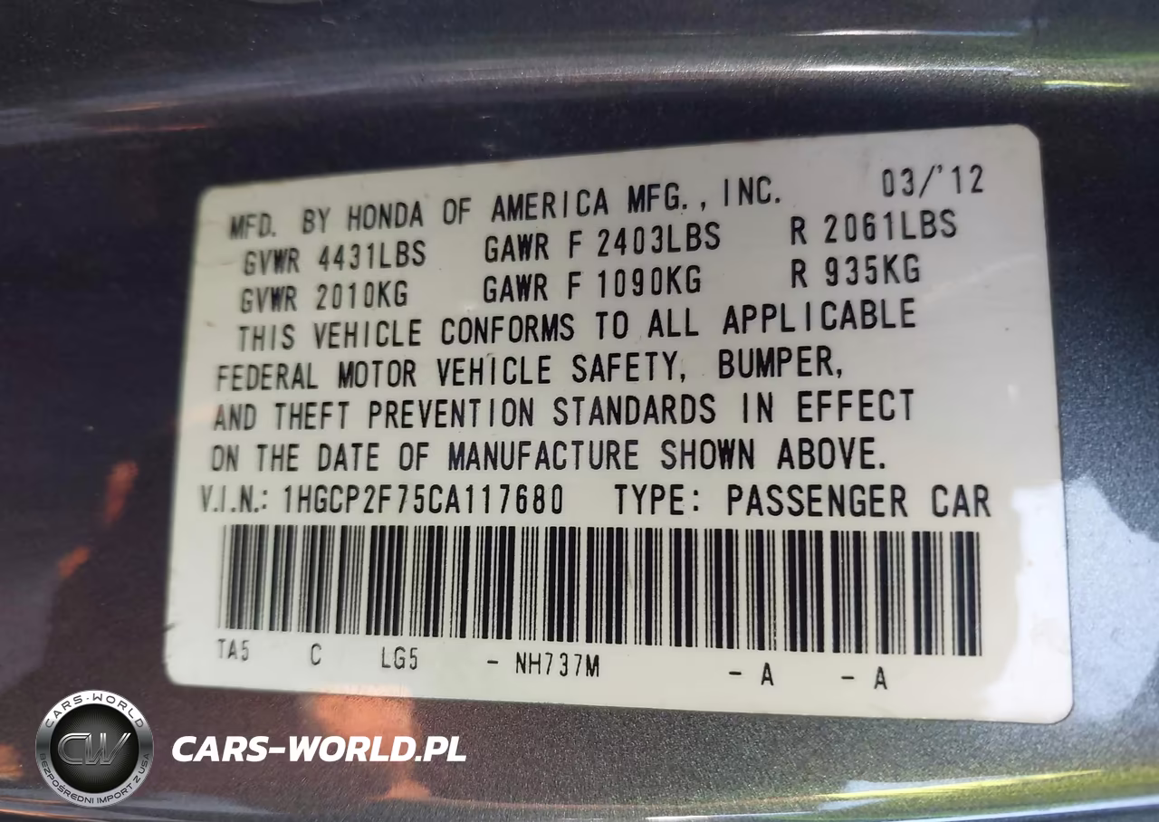 2012 Honda Accord 2.4 Ex VIN:1HGCP2F75CA117680 - 9