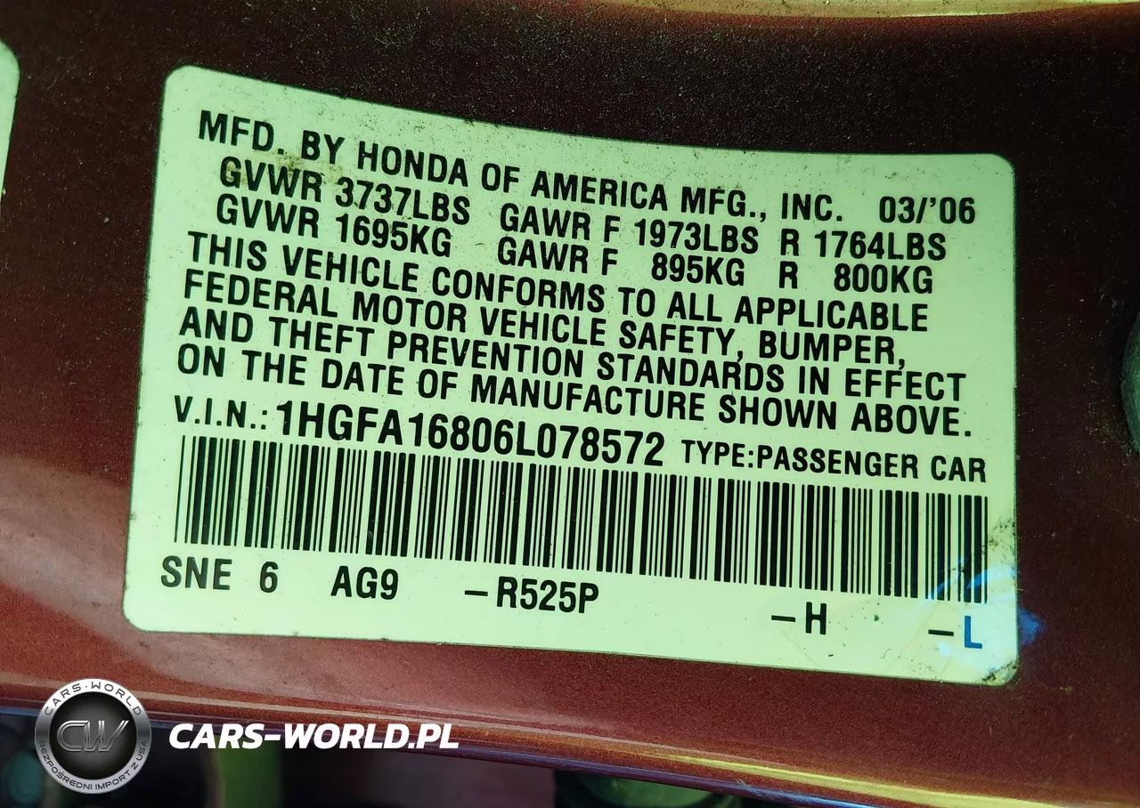 2006 Honda Civic Ex VIN:1HGFA16806L078572 - 9
