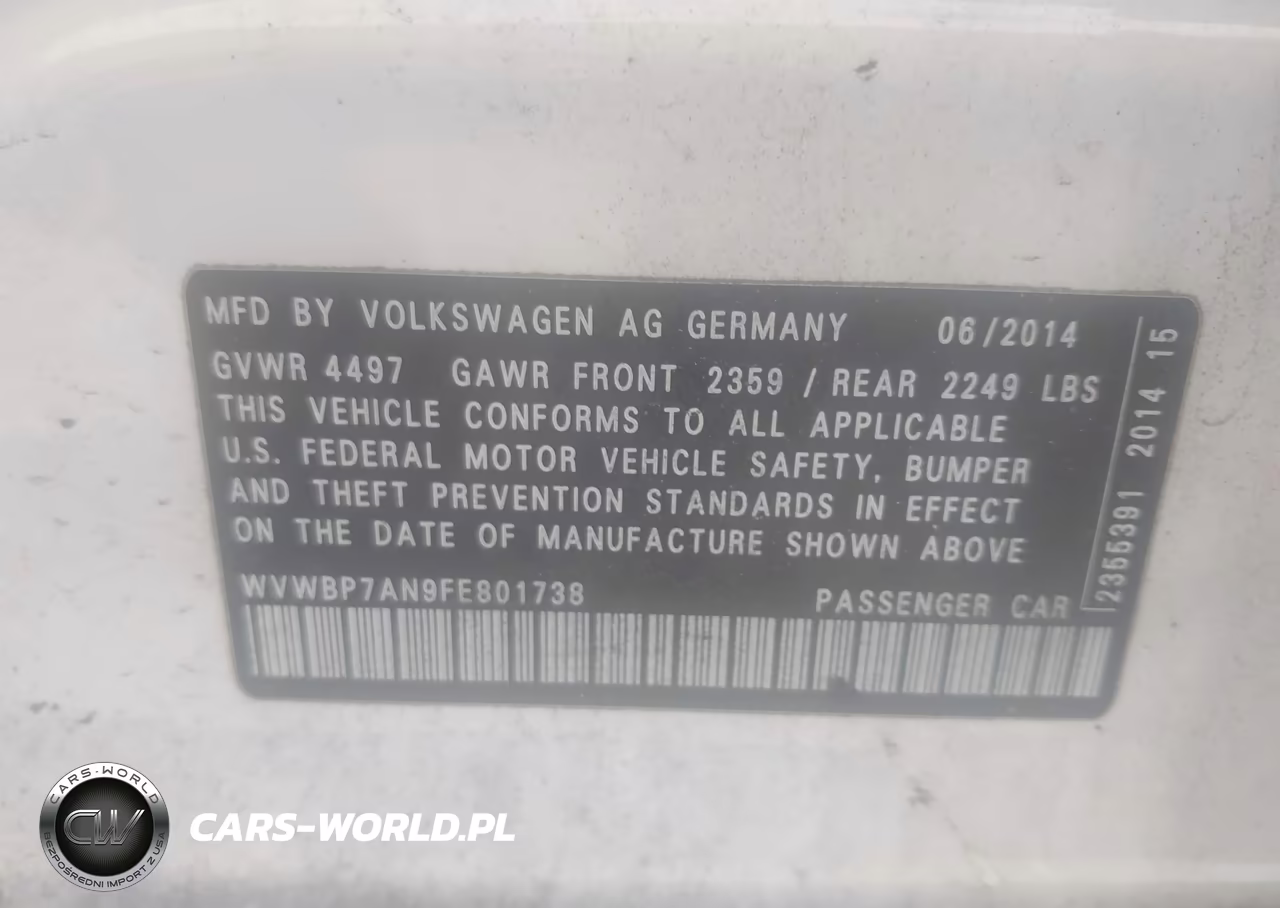 2015 Volkswagen Cc 2.0T Sport VIN:WVWBP7AN9FE801738 - 9