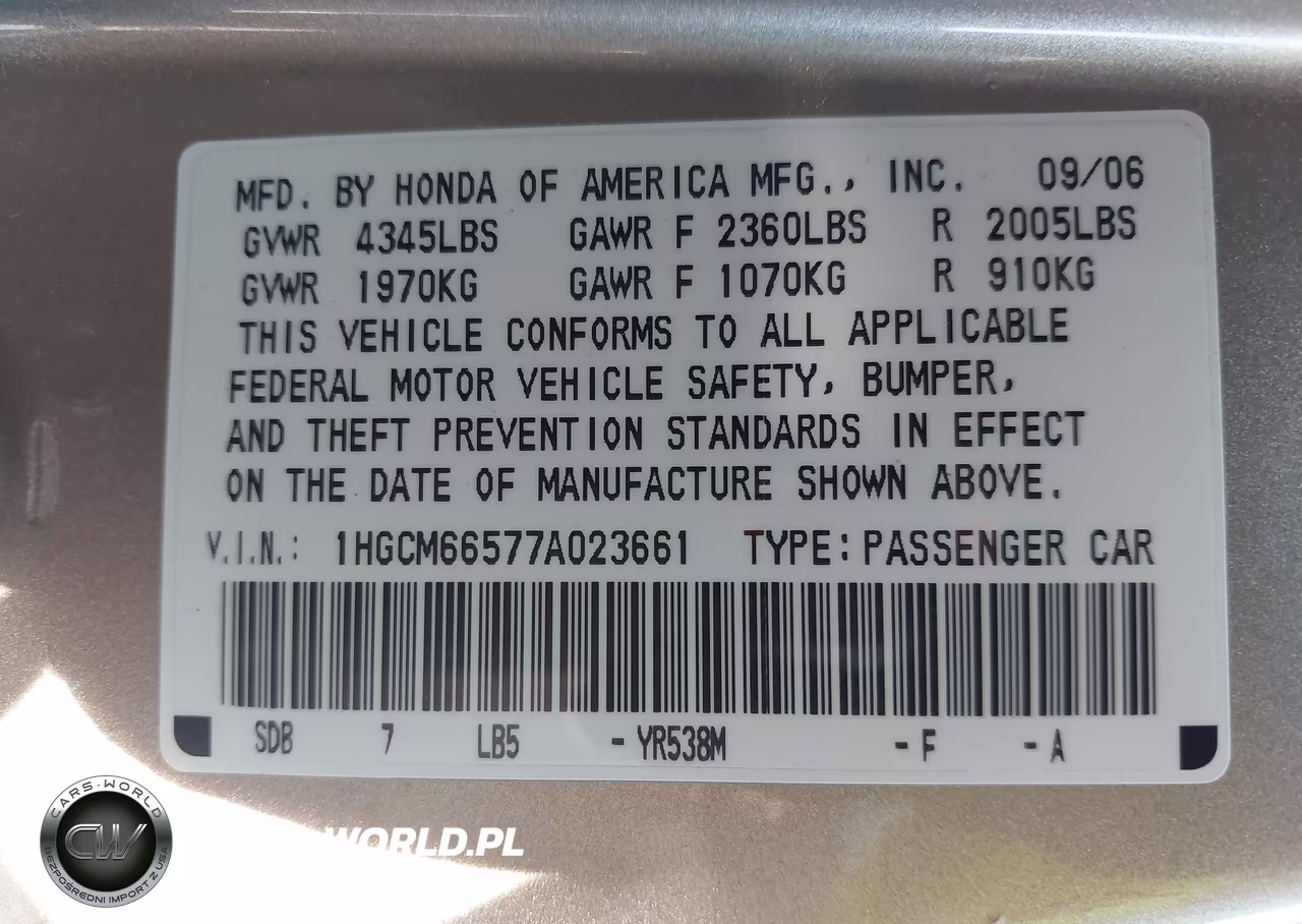 2007 Honda Accord 3.0 Ex VIN:1HGCM66577A023661 - 9