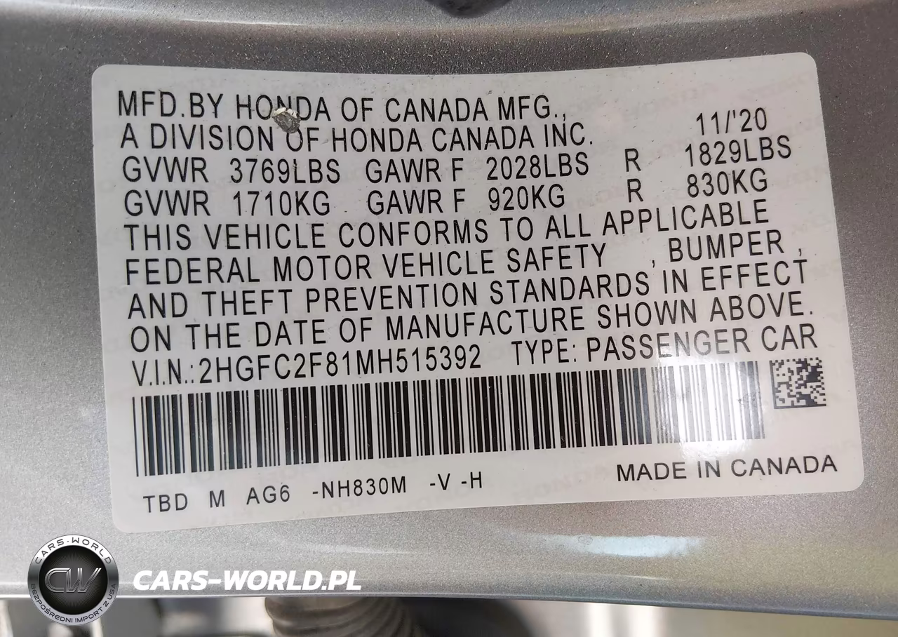2021 Honda Civic Sport VIN:2HGFC2F81MH515392 - 9