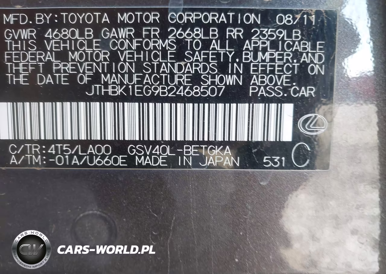 2011 Lexus Es 350 VIN:JTHBK1EG9B2468507 - 9