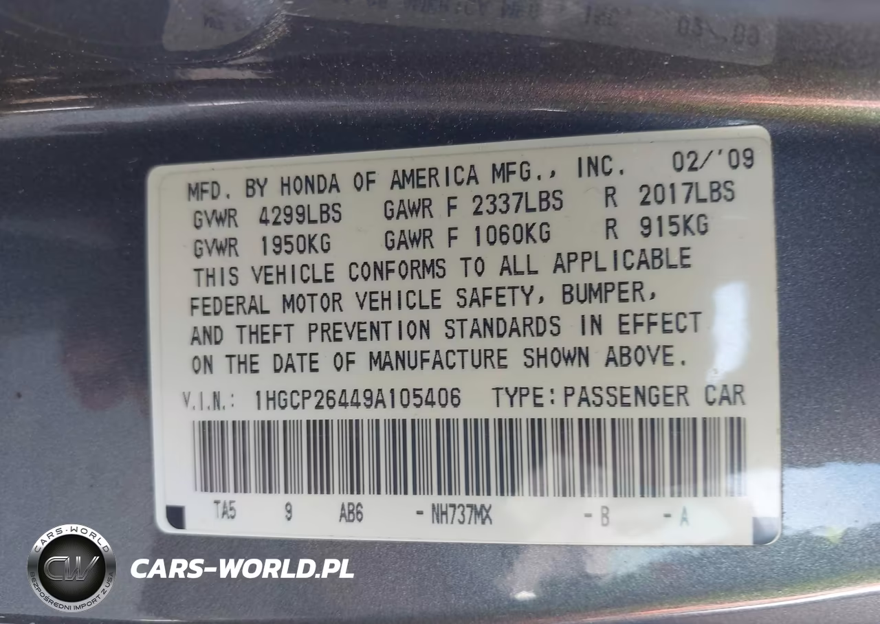 2009 Honda Accord 2.4 Lx-P VIN:1HGCP26449A105406 - 9