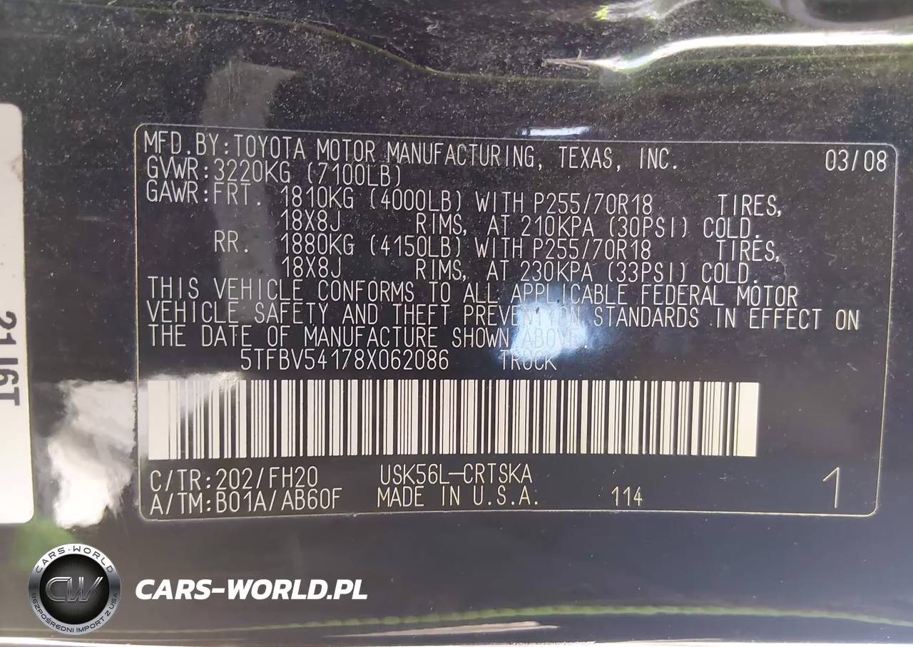 2008 Toyota Tundra Base 5.7L V8 VIN:5TFBV54178X062086 - 9