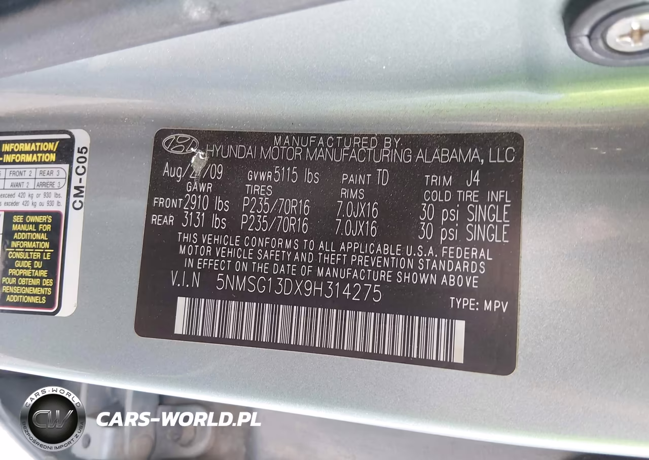 2009 Hyundai Santa Fe Gls VIN:5NMSG13DX9H314275 - 9