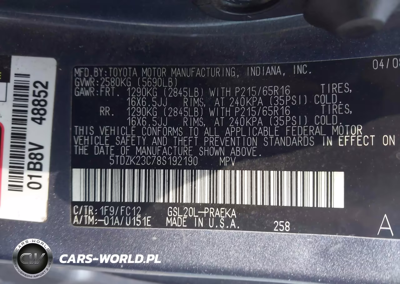 2008 Toyota Sienna Le VIN:5TDZK23C78S192190 - 9