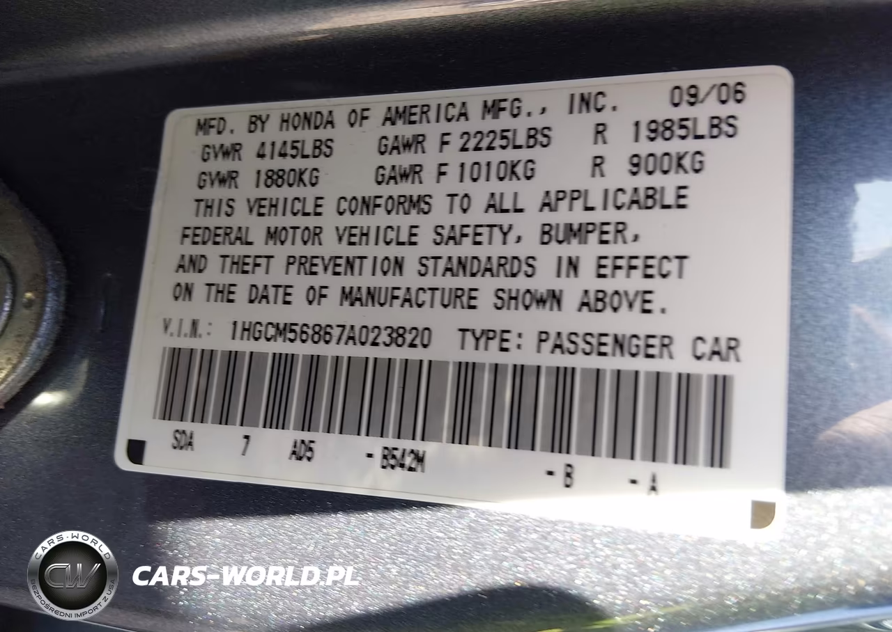 2007 Honda Accord 2.4 Ex VIN:1HGCM56867A023820 - 9
