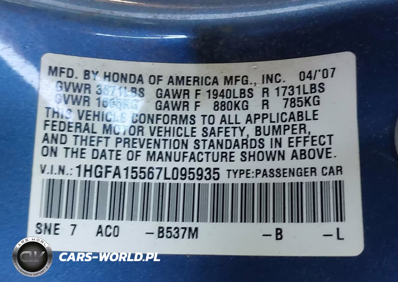 2007 Honda Civic Lx VIN:1HGFA15567L095935 - 9