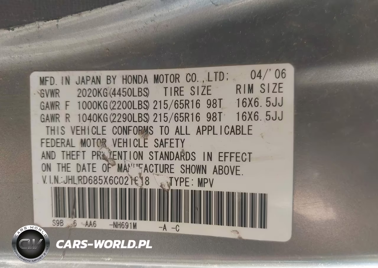 2006 Honda Cr-V Lx VIN:JHLRD685X6C021818 - 9
