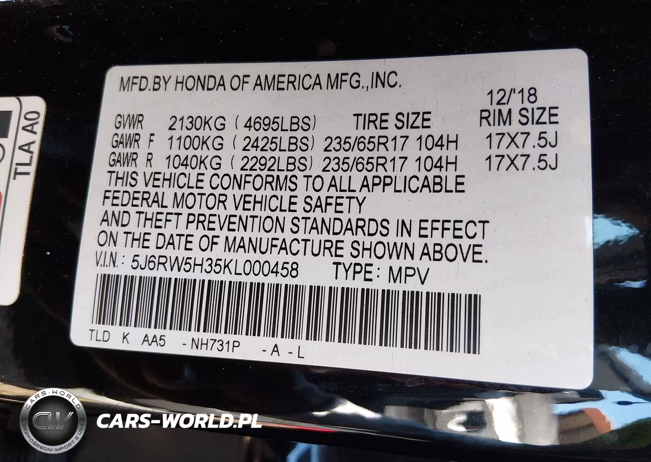 2019 Honda Cr-V Lx VIN:5J6RW5H35KL000458 - 9