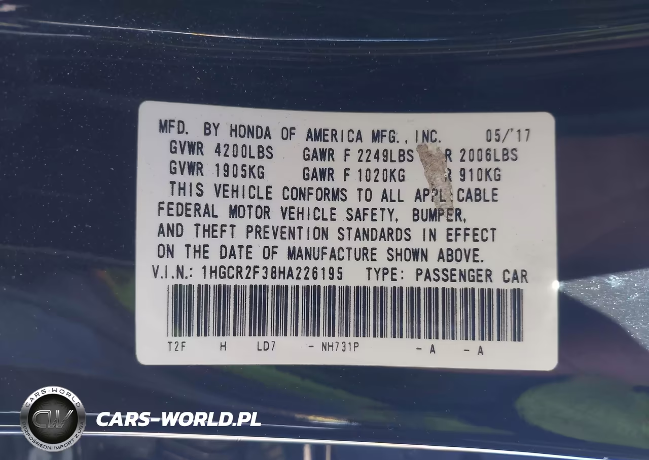 2017 Honda Accord Lx VIN:1HGCR2F38HA226195 - 9