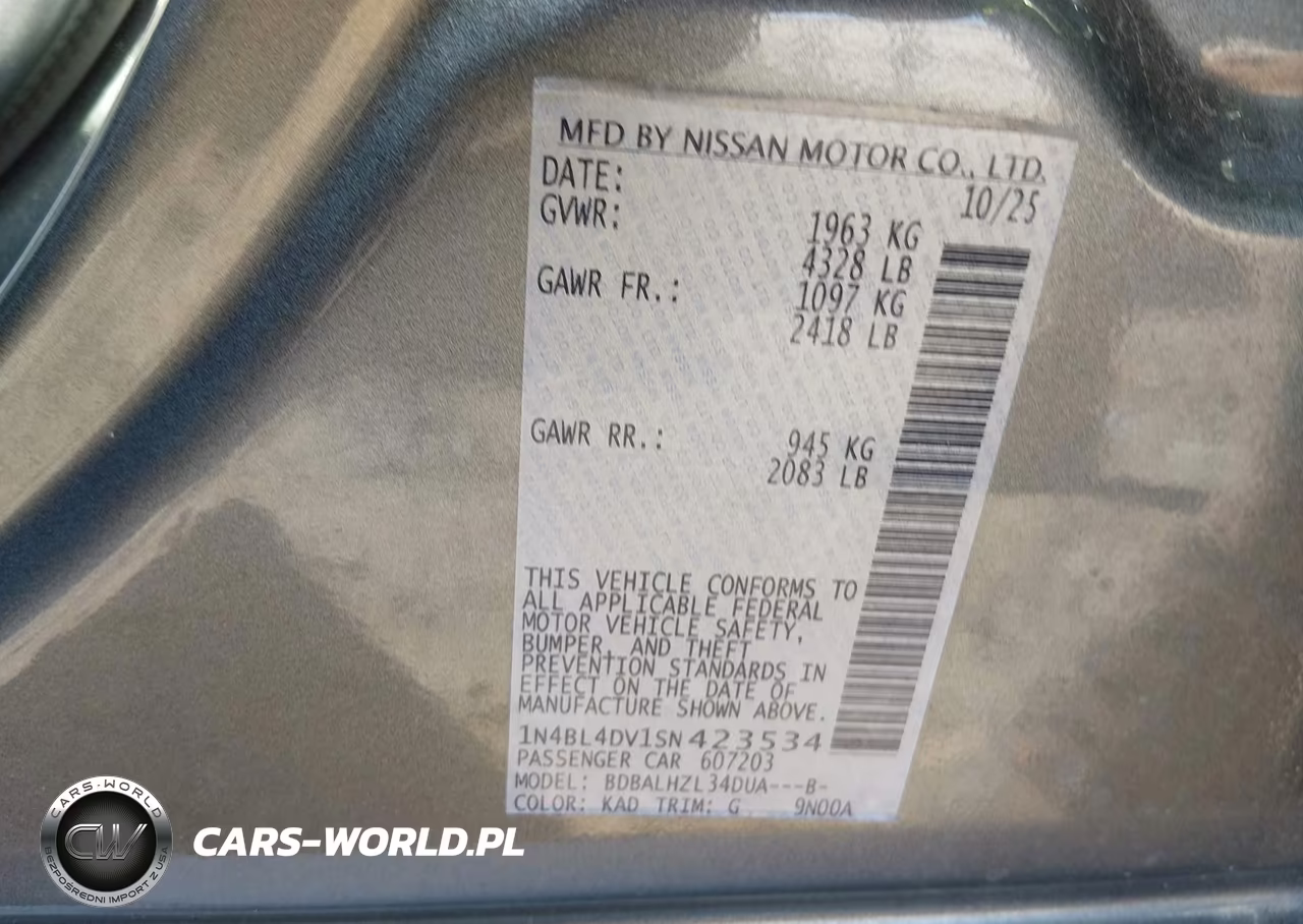 2025 Nissan Altima Sv Fwd VIN:1N4BL4DV1SN423534 - 9