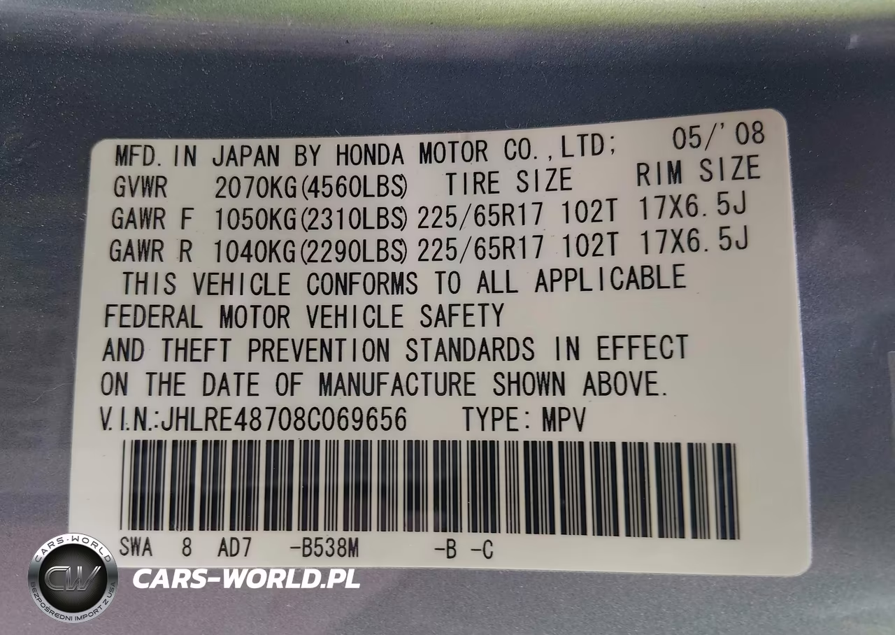 2008 Honda Cr-V Ex-L VIN:JHLRE48708C069656 - 9