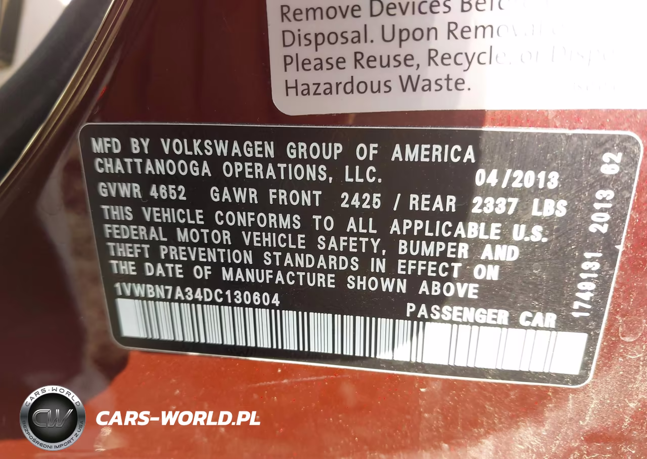 2013 Volkswagen Passat 2.0L Tdi Se VIN:1VWBN7A34DC130604 - 9