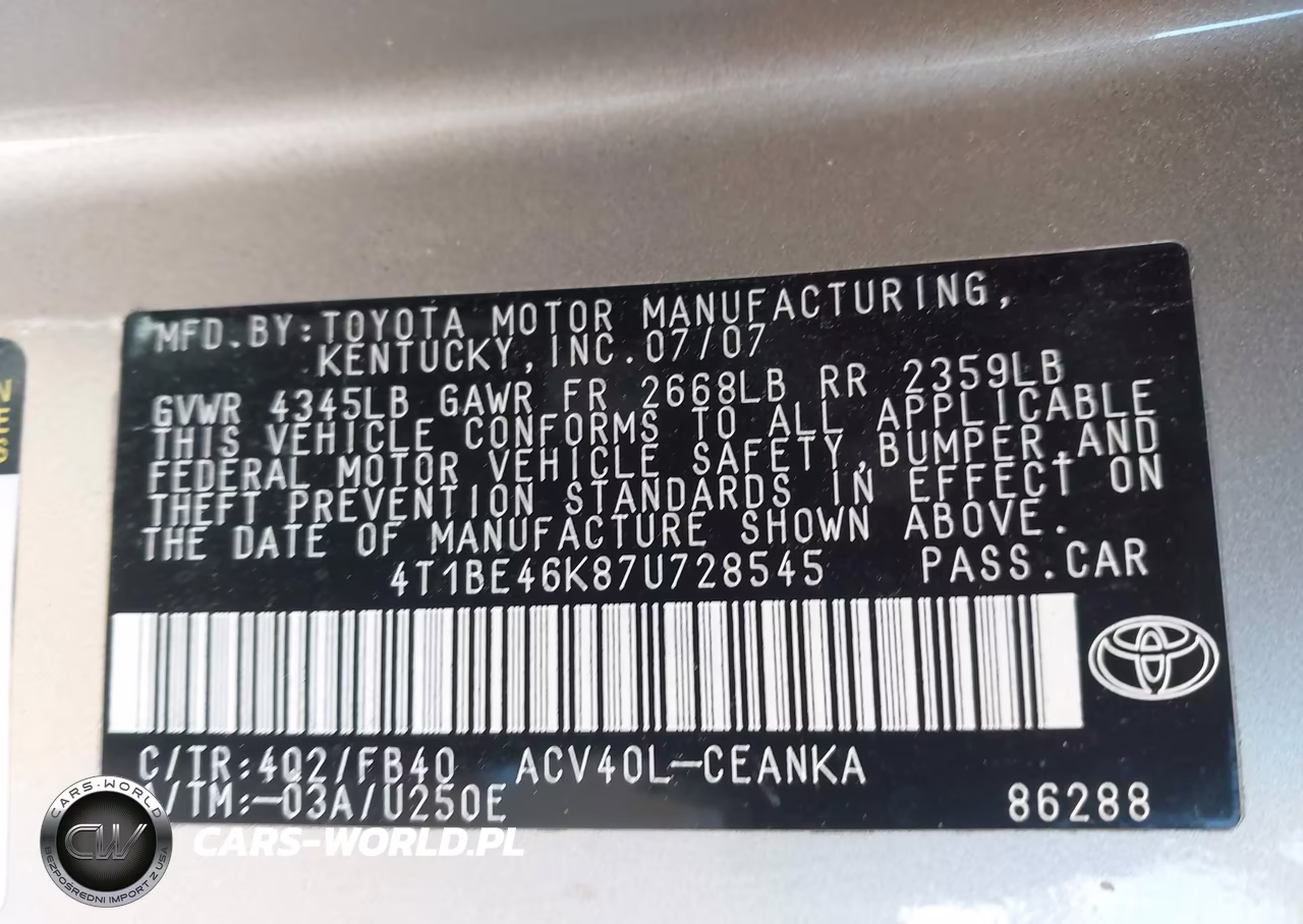 2007 Toyota Camry Le VIN:4T1BE46K87U728545 - 9