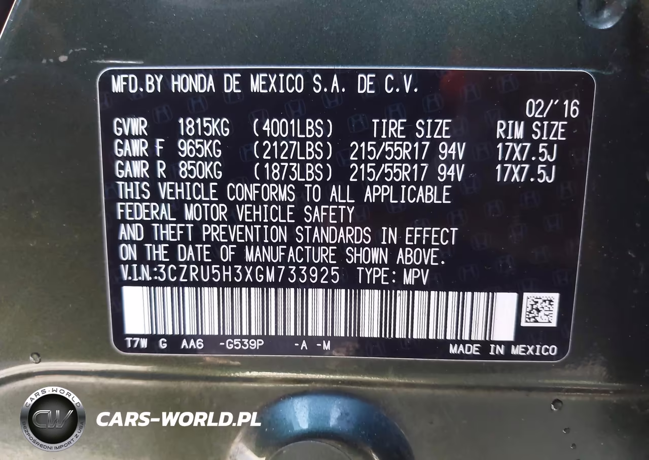 2016 Honda Hr-V Lx VIN:3CZRU5H3XGM733925 - 9