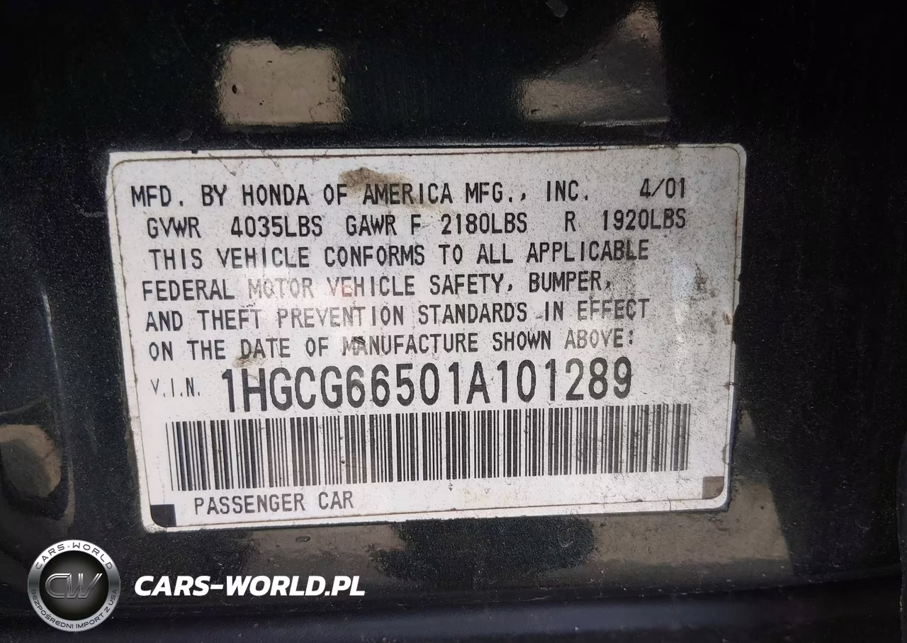 2001 Honda Accord 2.3 Lx VIN:1HGCG66501A101289 - 9