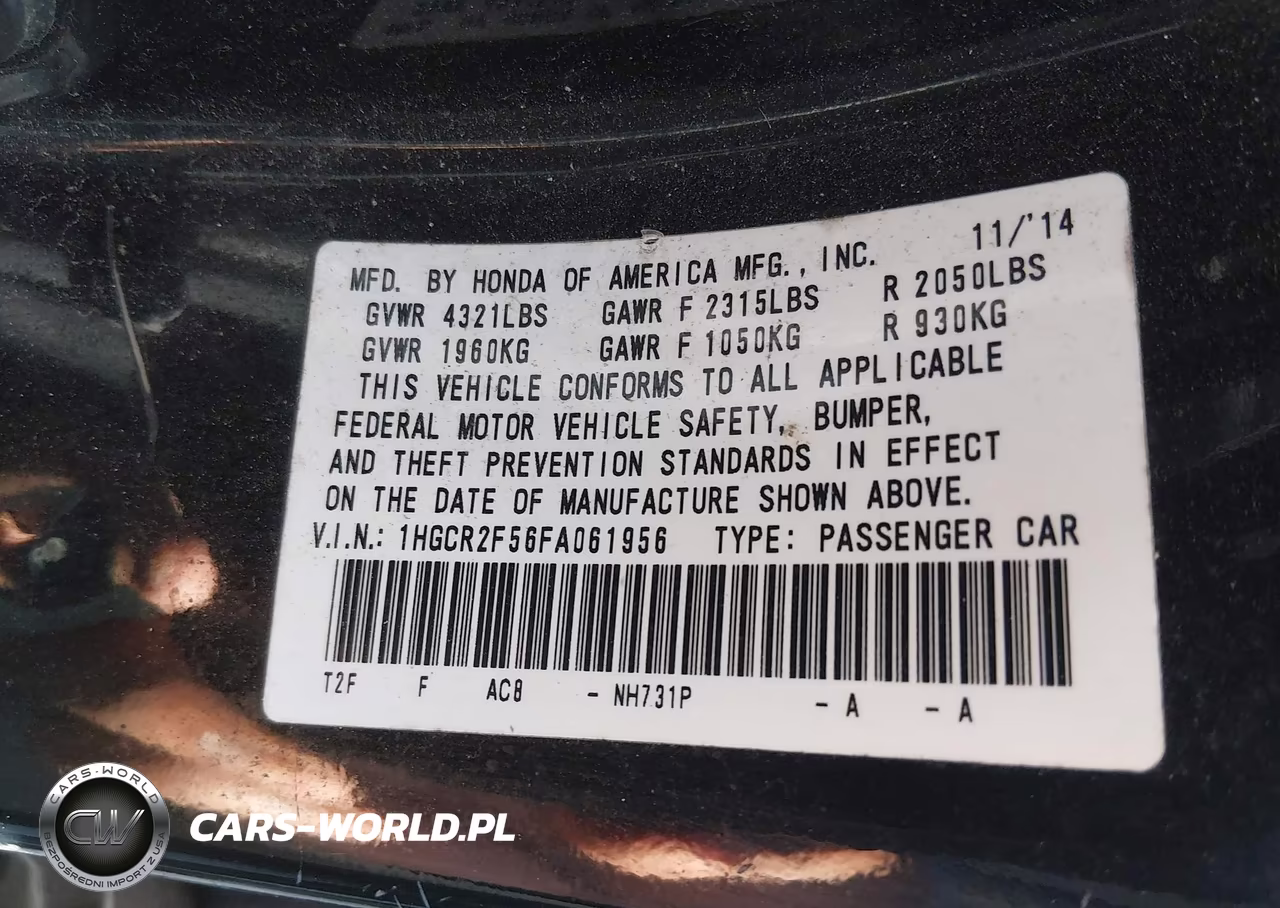 2015 Honda Accord Sport VIN:1HGCR2F56FA061956 - 9