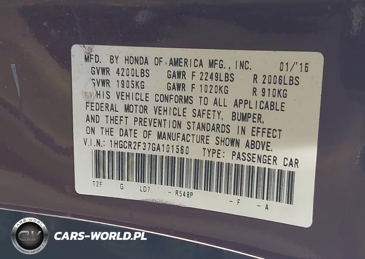 2016 Honda Accord Lx VIN:1HGCR2F37GA101560 - 9