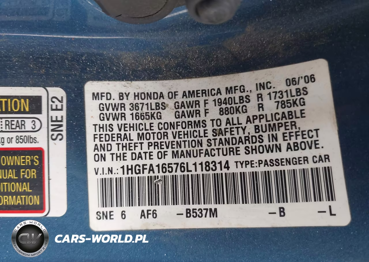 2006 Honda Civic Lx VIN:1HGFA16576L118314 - 9