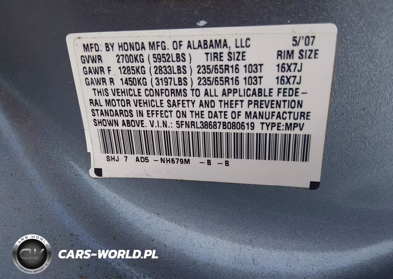 2007 Honda Odyssey Ex-L VIN:5FNRL38687B080619 - 9