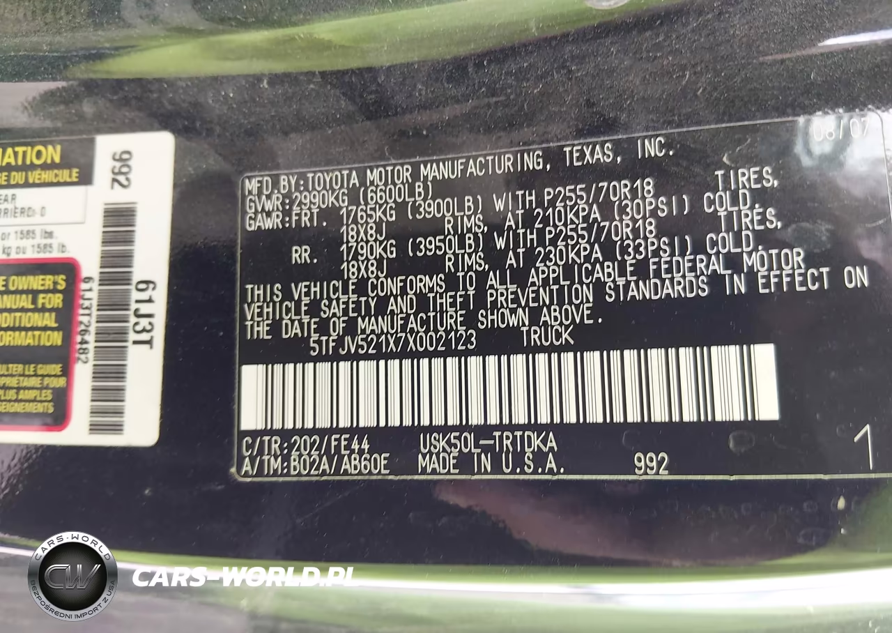 2007 Toyota Tundra Base 5.7L V8 VIN:5TFJV521X7X002123 - 9