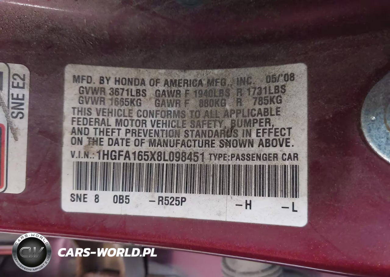 2008 Honda Civic Lx VIN:1HGFA165X8L098451 - 9