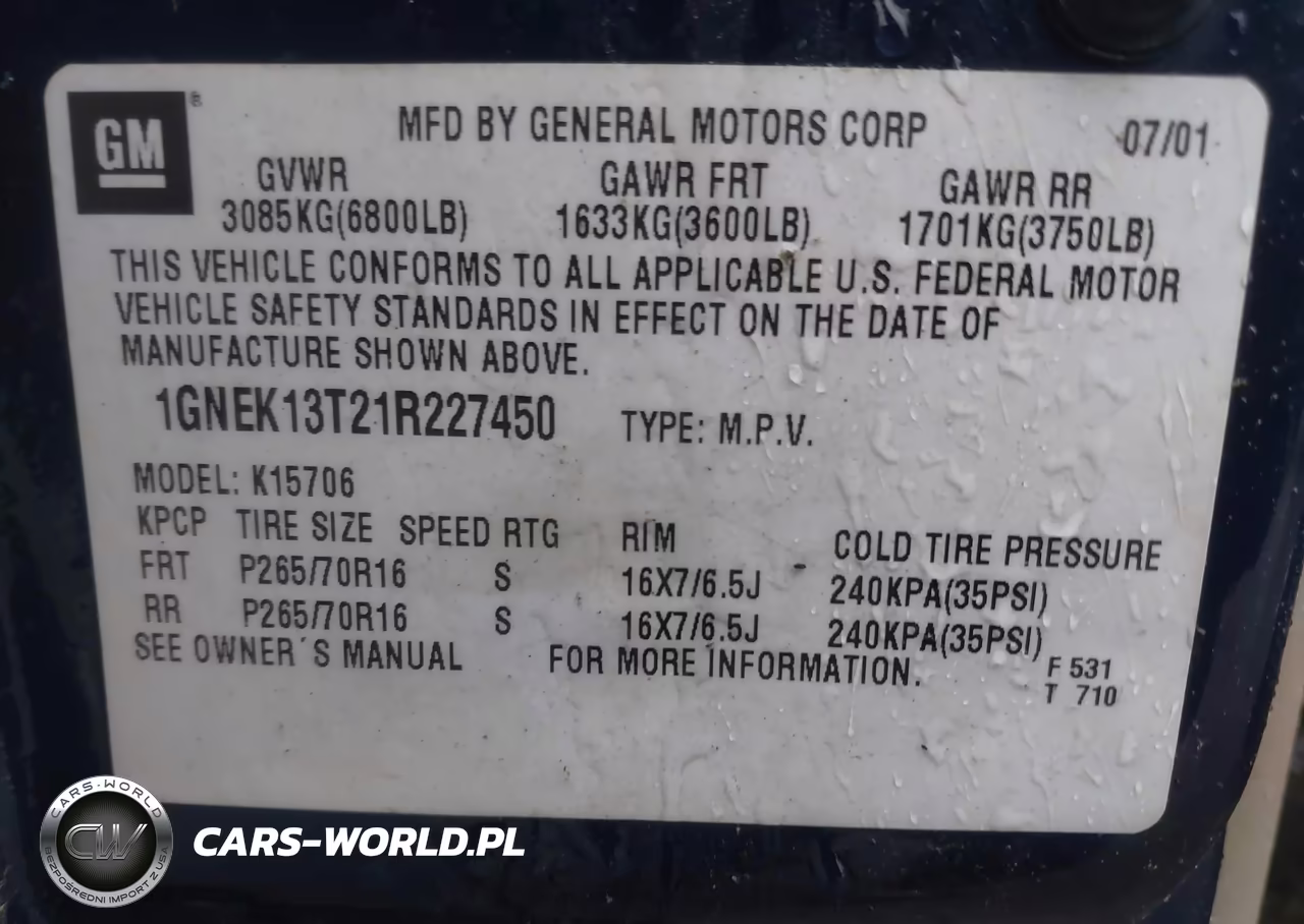 2001 Chevrolet Tahoe Ls VIN:1GNEK13T21R227450 - 9