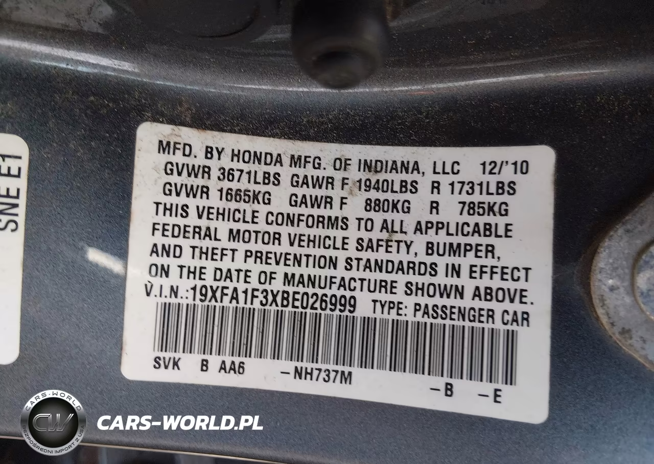 2011 Honda Civic Vp VIN:19XFA1F3XBE026999 - 9
