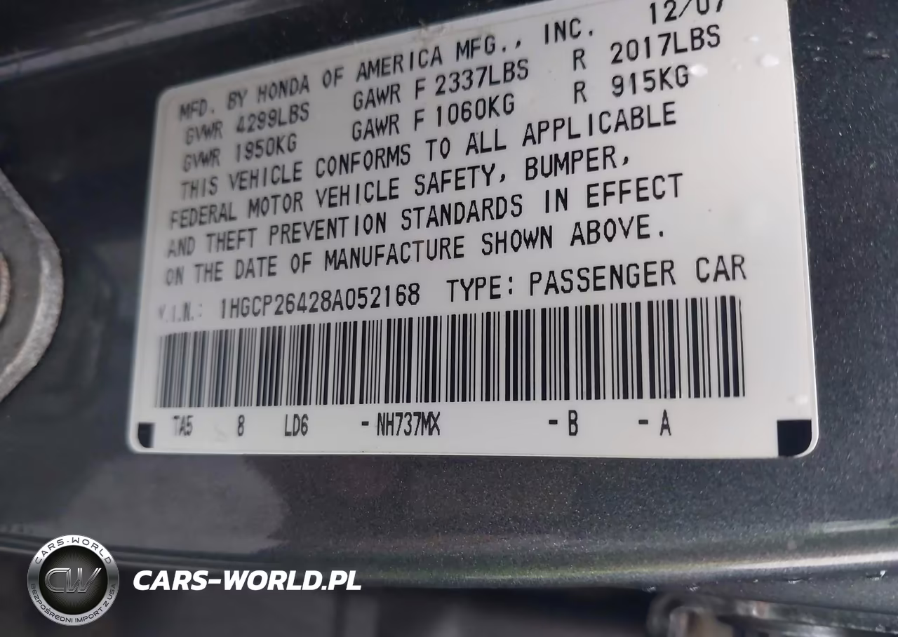 2008 Honda Accord 2.4 Lx-P VIN:1HGCP26428A052168 - 9