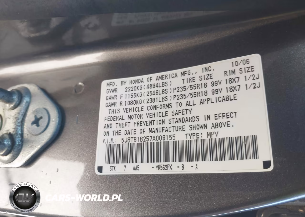 2007 Acura Rdx VIN:5J8TB18257A009155 - 9