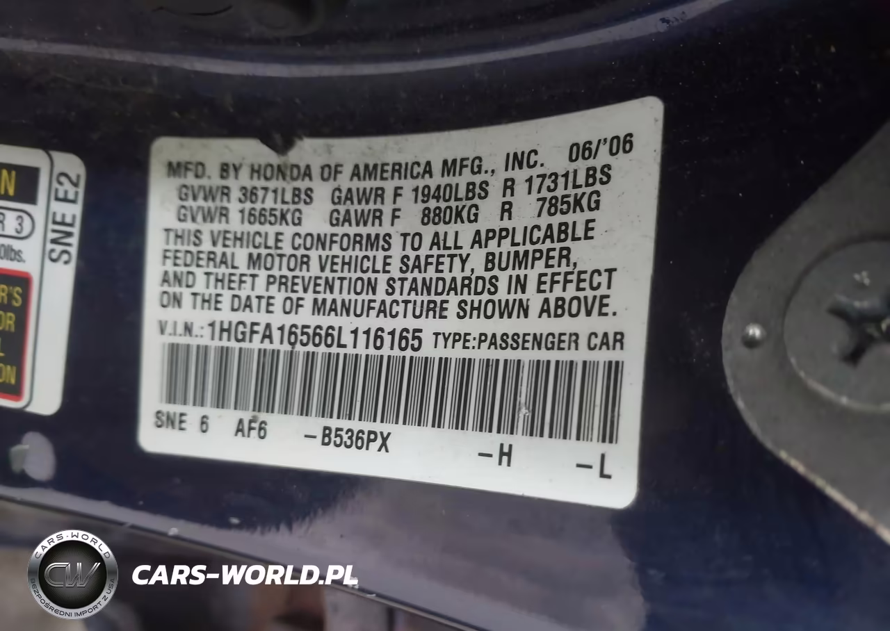 2006 Honda Civic Lx VIN:1HGFA16566L116165 - 9