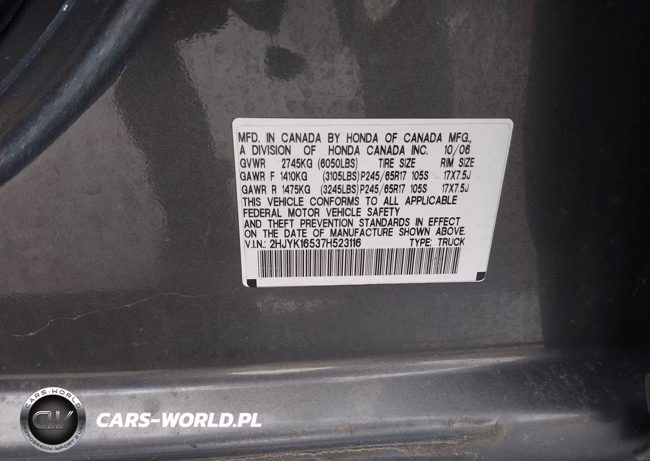 2007 Honda Ridgeline Rtl VIN:2HJYK16537H523116 - 9