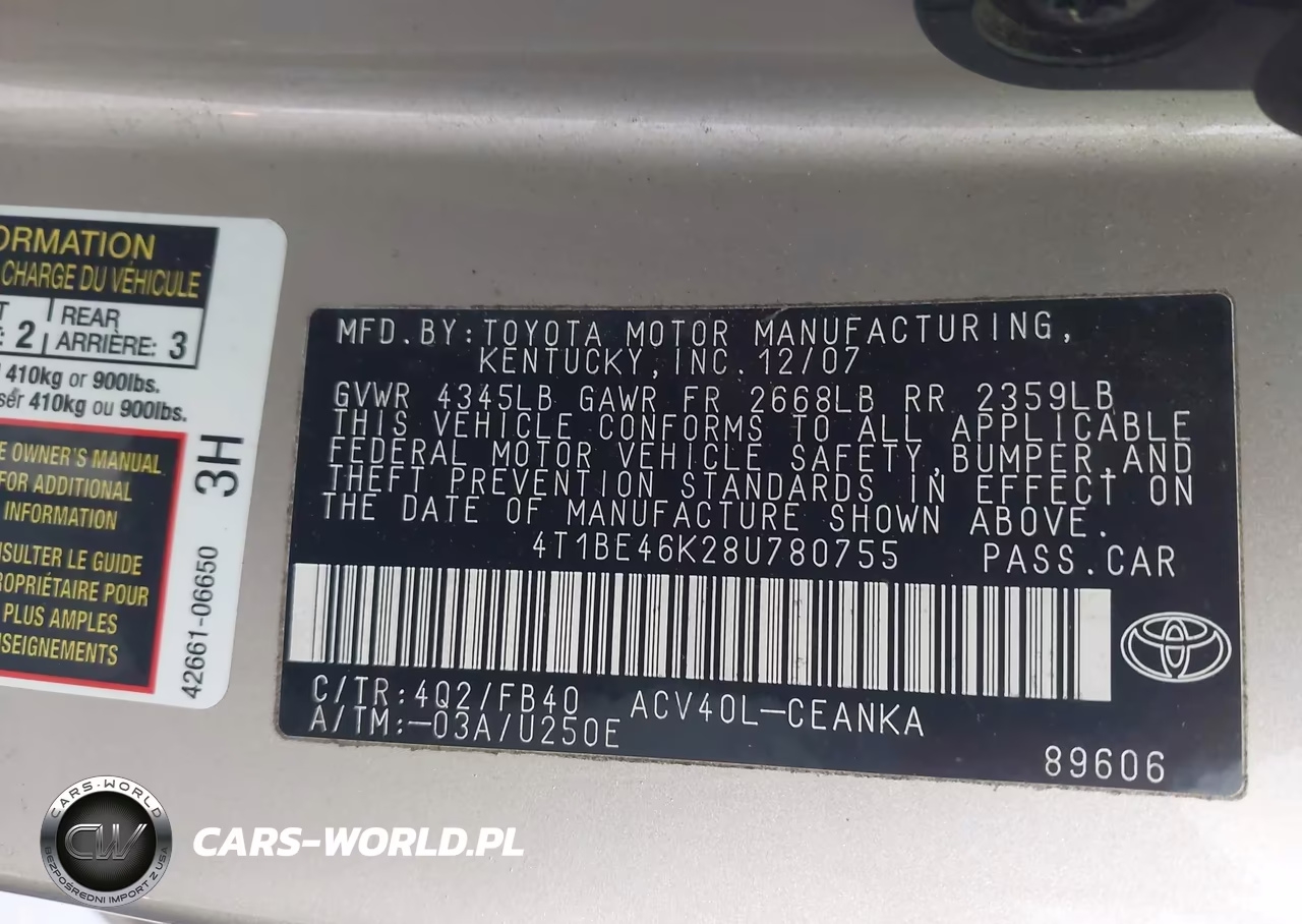 2008 Toyota Camry VIN:4T1BE46K28U780755 - 9
