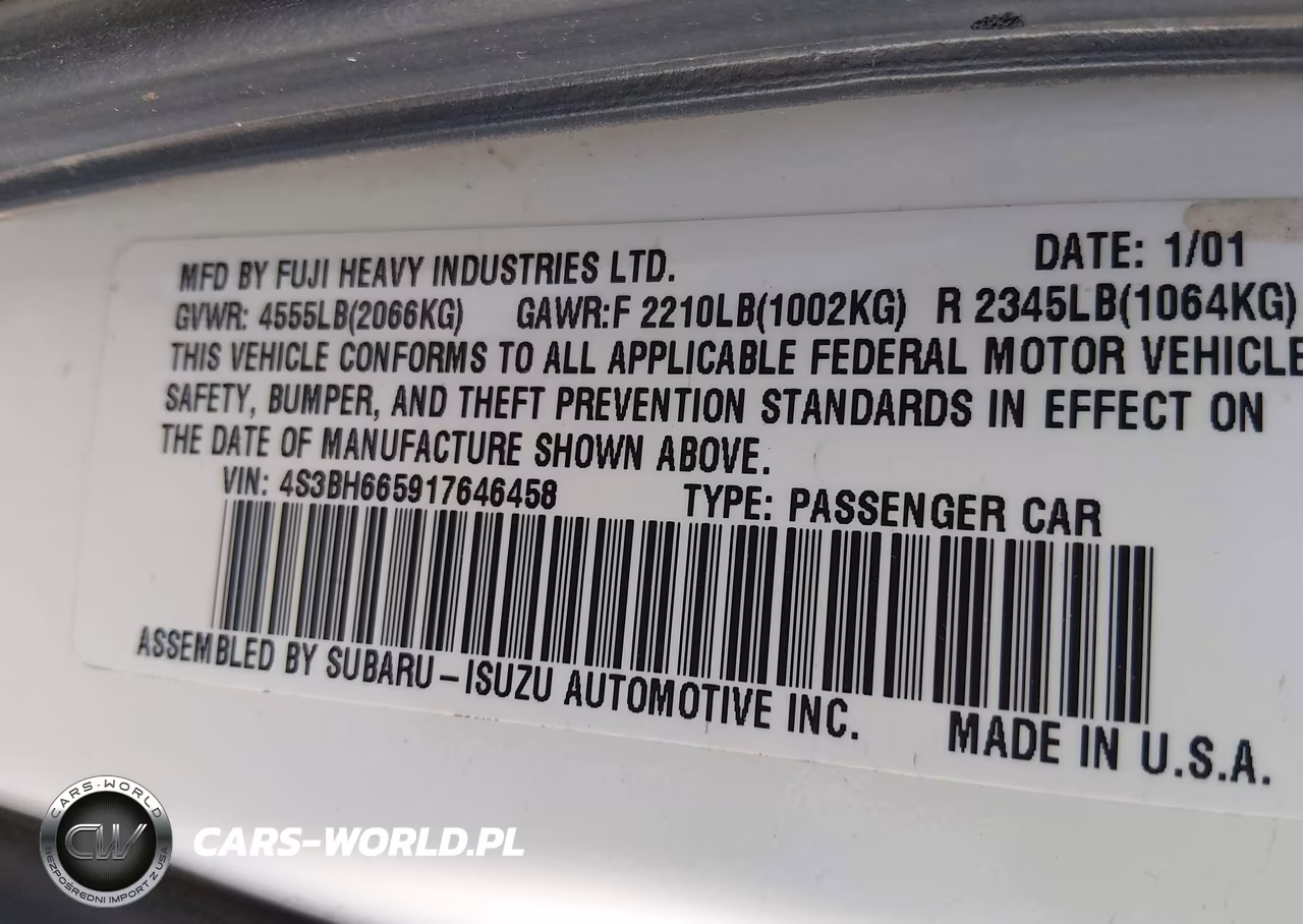 2001 Subaru Outback VIN:4S3BH665917646458 - 9