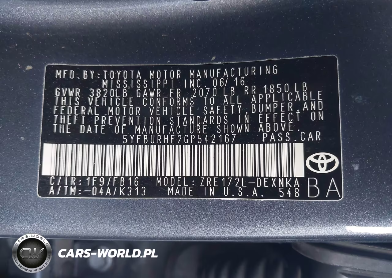 2016 Toyota Corolla Le Plus VIN:5YFBURHE2GP542167 - 9