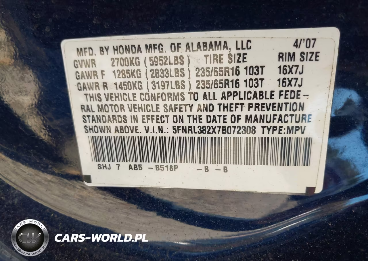 2007 Honda Odyssey Lx VIN:5FNRL382X7B072308 - 9