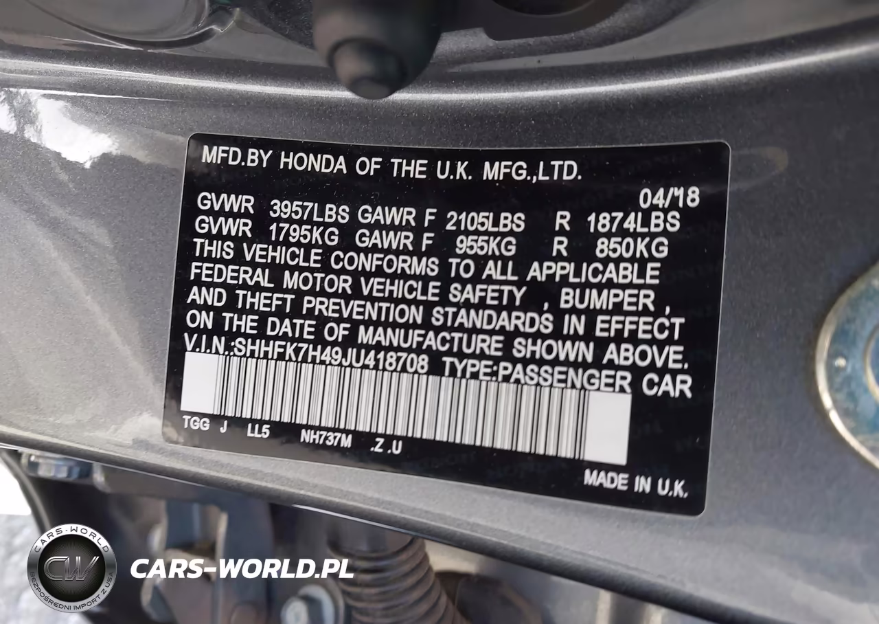 2018 Honda Civic Sport VIN:SHHFK7H49JU418708 - 9