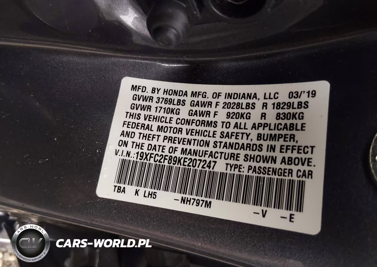 2019 Honda Civic Sport VIN:19XFC2F89KE207247 - 9
