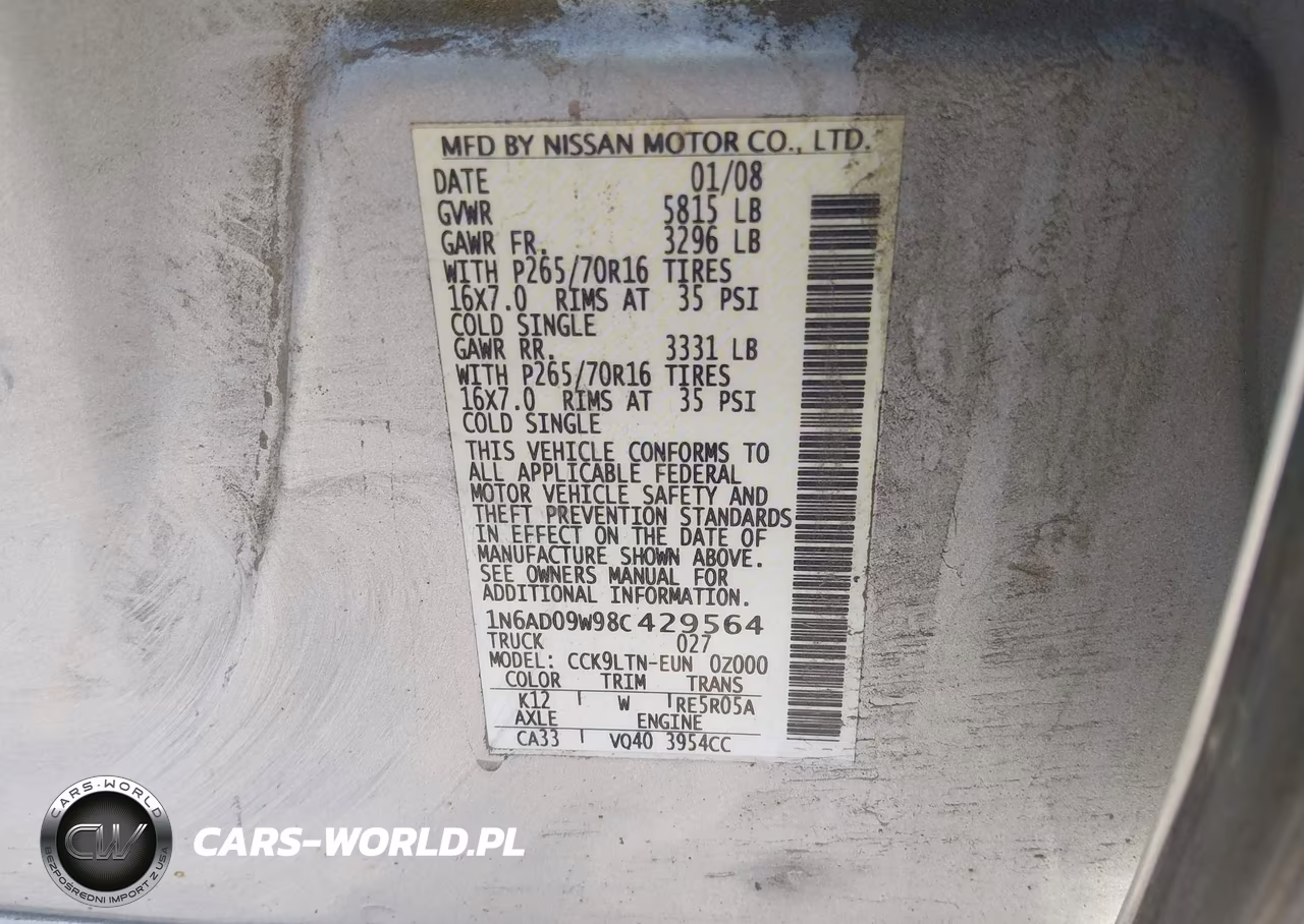 2008 Nissan Frontier Se VIN:1N6AD09W98C429564 - 9