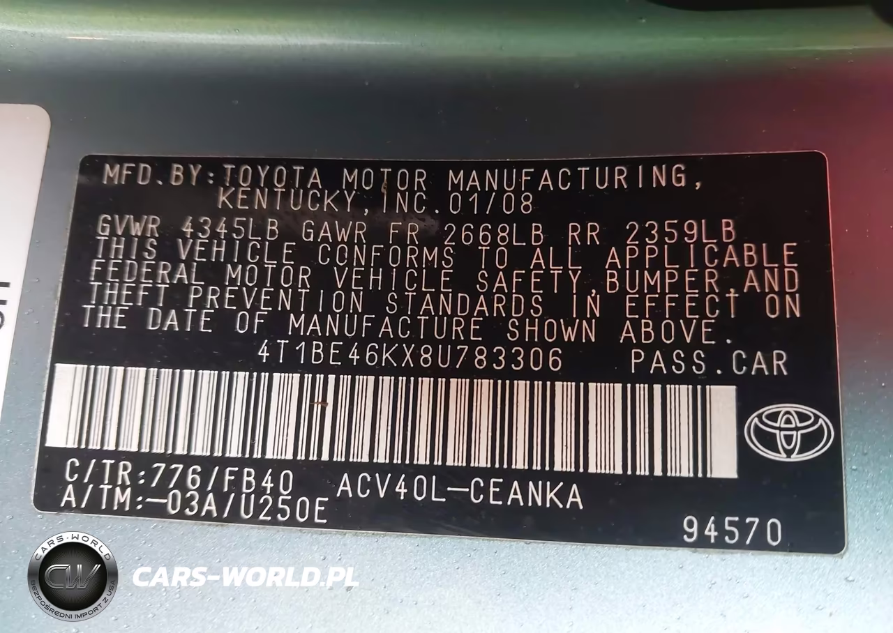 2008 Toyota Camry Le VIN:4T1BE46KX8U783306 - 9