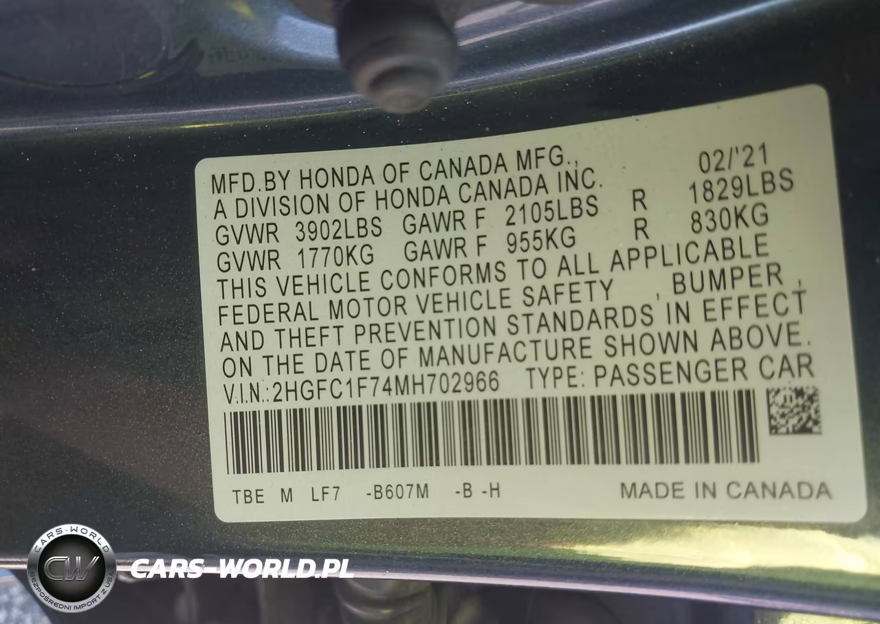 2021 Honda Civic Ex-L VIN:2HGFC1F74MH702966 - 9
