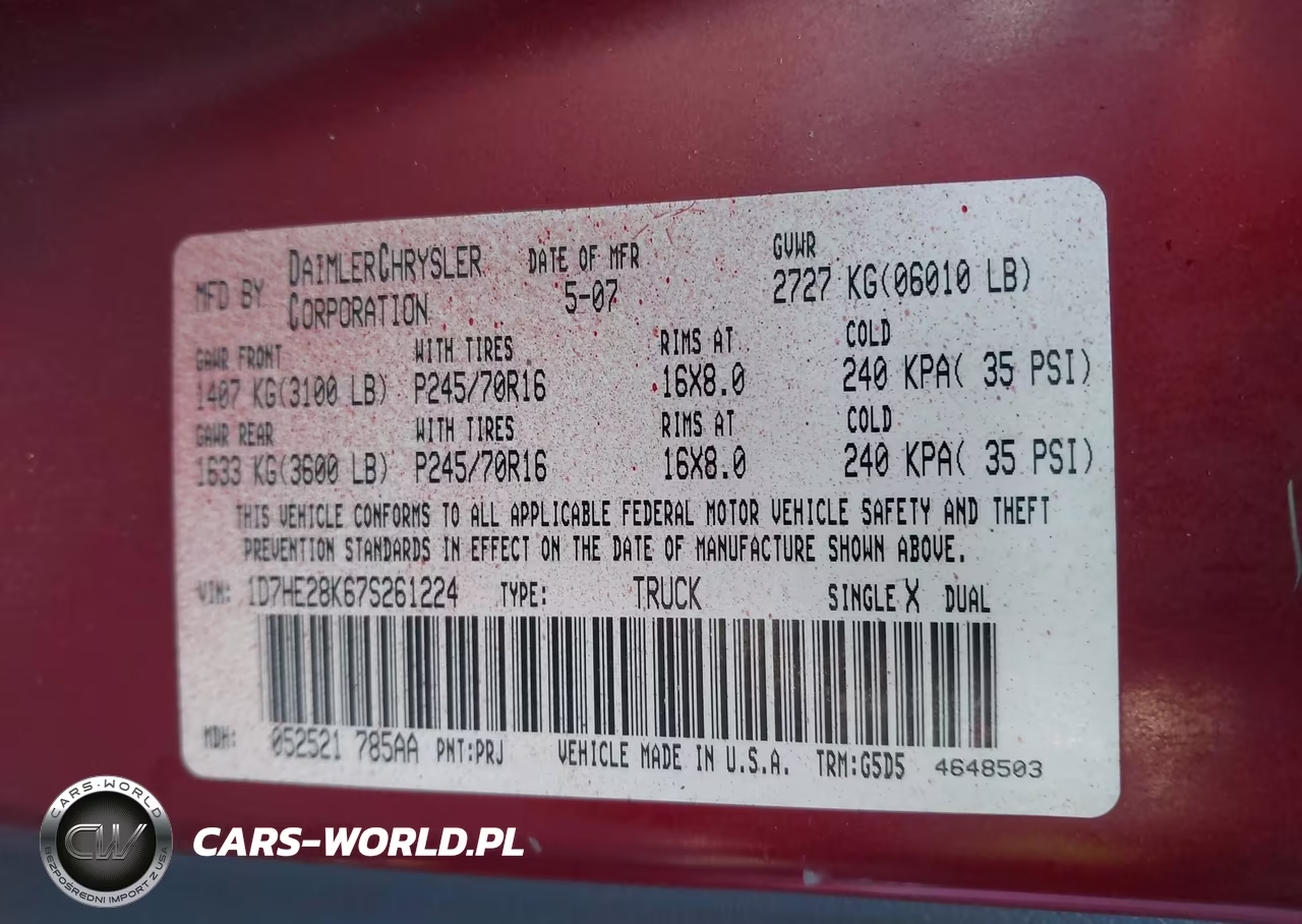2007 Dodge Dakota Quad-St VIN:1D7HE28K67S261224 - 9