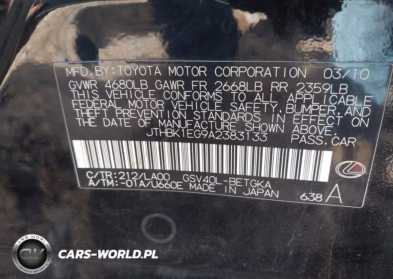 2010 Lexus Es 350 VIN:JTHBK1EG9A2383133 - 9