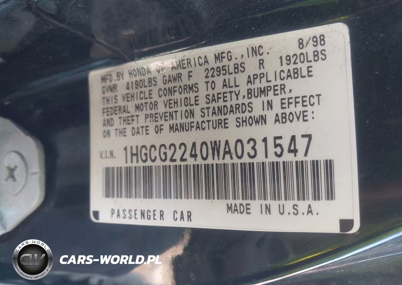 1998 Honda Accord Lx V6 VIN:1HGCG2240WA031547 - 9