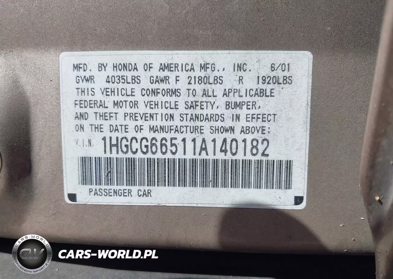 2001 Honda Accord 2.3 Lx VIN:1HGCG66511A140182 - 9