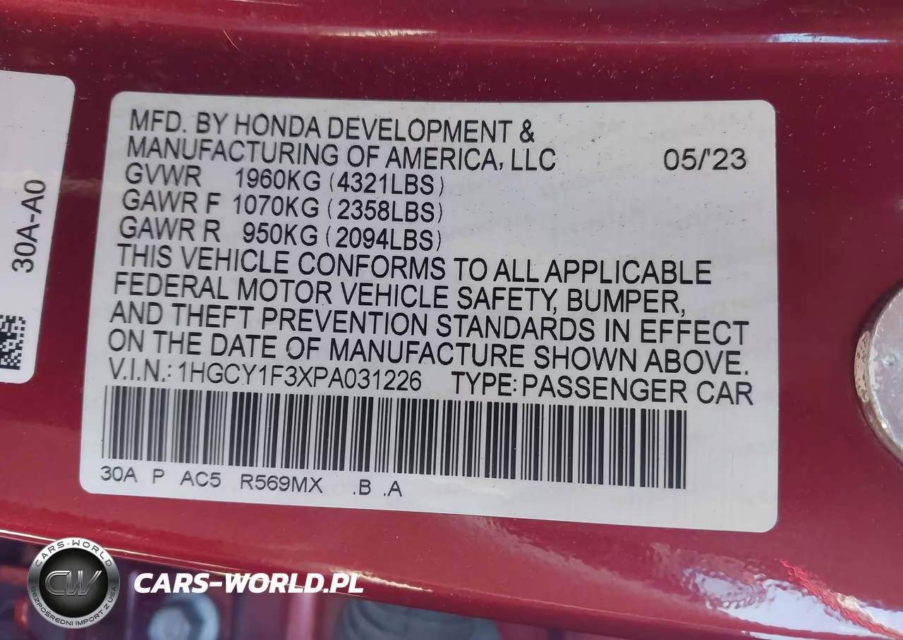 2023 Honda Accord Ex VIN:1HGCY1F3XPA031226 - 9